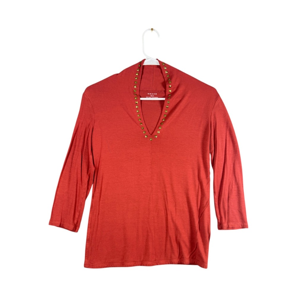 Grace Womens Burnt Orange Studded Split Neck 3/4 Sleeve Top Size S Gold Accents